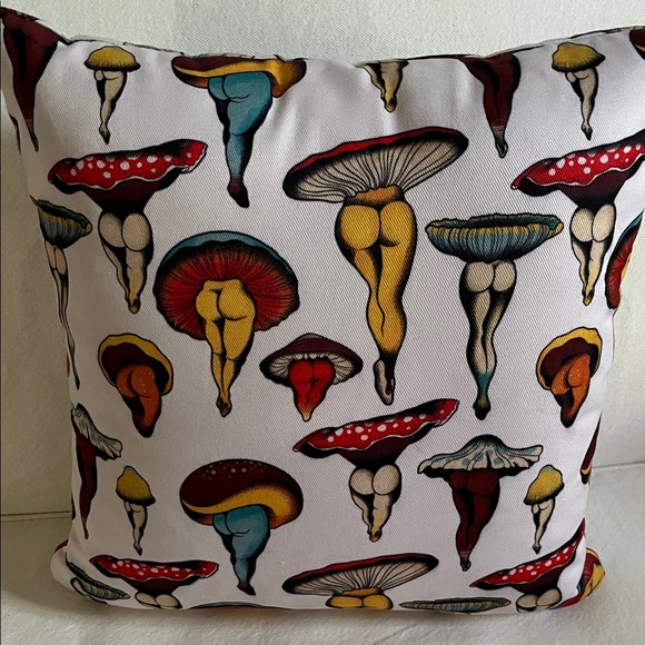 NWOT Mushroom Print Accent Pillow in Red, Yellow, Teal on White - Picture 2 of 5